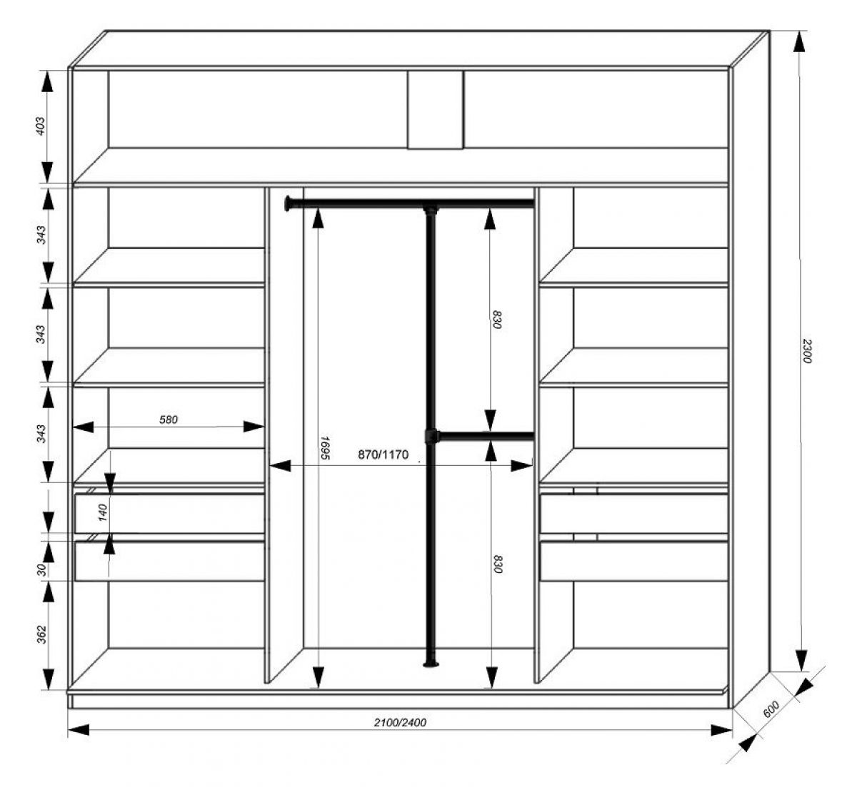 Шкаф-купе 2400 серии SOFT D7+D3+D3+B22+PL4 (по 2 ящика лев/прав+2штанги) профиль «Капучино» | фото 3