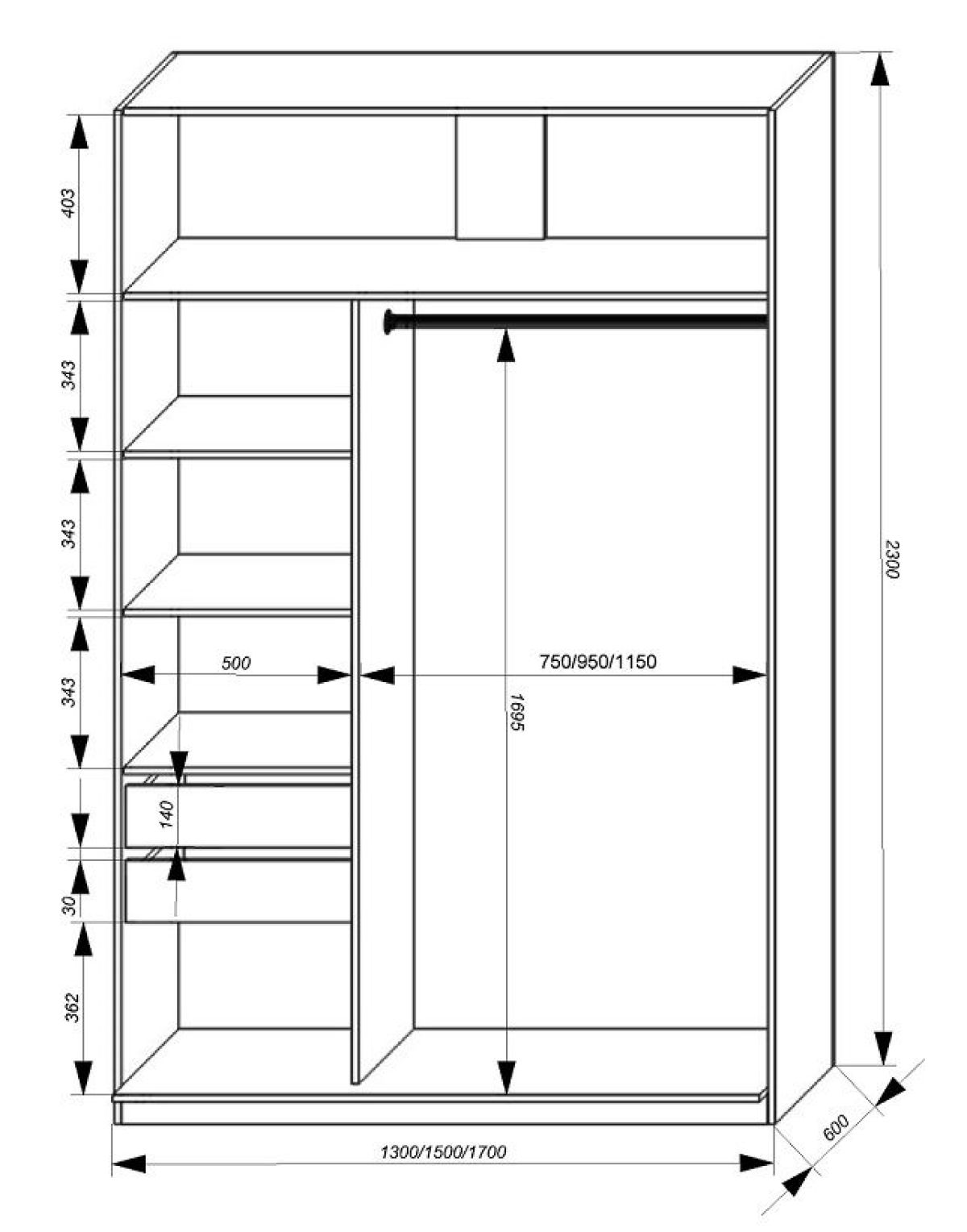 Шкаф-купе 1300 серии SILVER S4+S3Z+B2+PL1 (2 ящика+1 штанга) профиль «Серебро» | фото 3