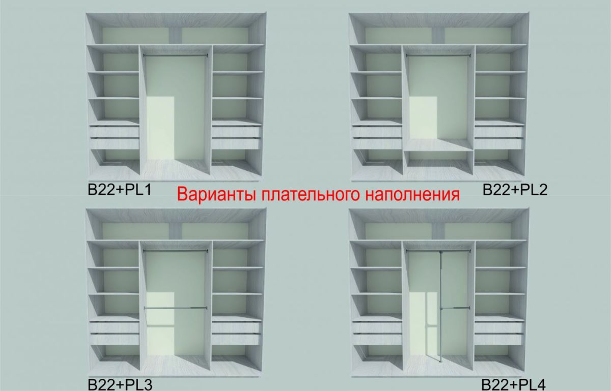 Шкаф-купе 1950 серии SILVER S3+S1+S3Z B22+PL2 (по 2 ящика лев/прав+1штанга+1 полка) профиль «Серебро» | фото 6