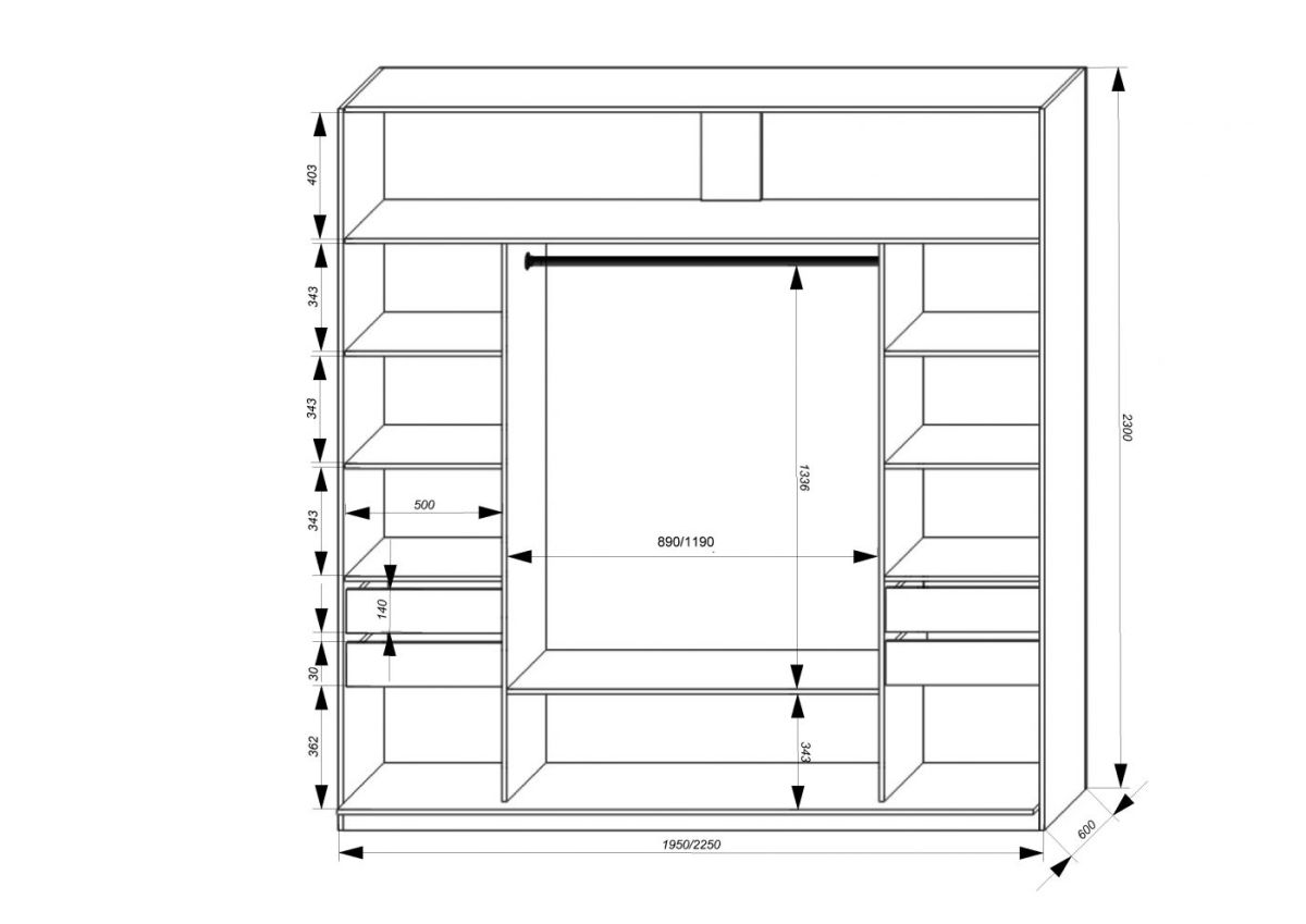 Шкаф-купе 1950 серии SILVER S3+S1+S3Z B22+PL2 (по 2 ящика лев/прав+1штанга+1 полка) профиль «Серебро» | фото 3