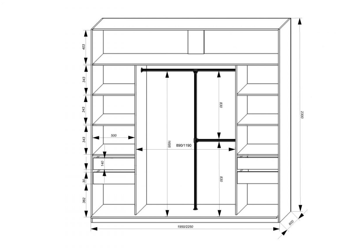 Шкаф-купе 2250 серии SILVER S4+S1+S4 B22+PL4 (по 2 ящика лев/прав+F обр.штанга) профиль «Серебро» | фото 3